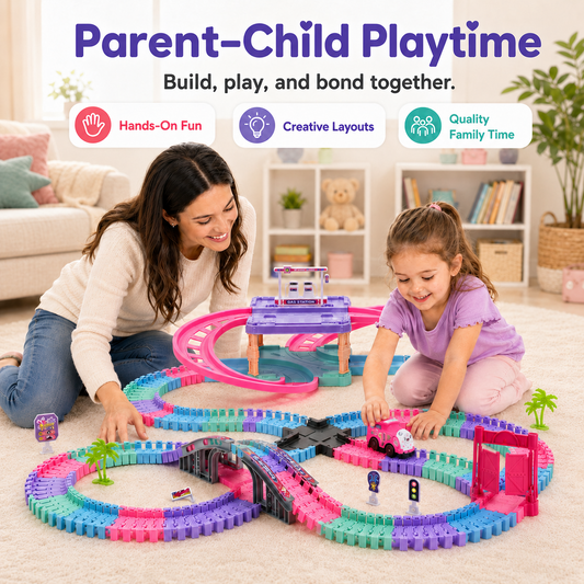 JoyStone 228PCS Race Track Toys for Kids, DIY Flexible Train Track Set with Electric Locomotive, Gas Station and Ramps, Railway Building Toy