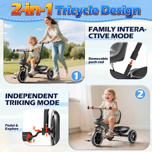 JoyStone 2-in-1 Toddler Tricycle for Ages 1-4 Years, Kids Trike Toddler Bike with Removable Push Handle, Adjustable Seat & Basket, Black