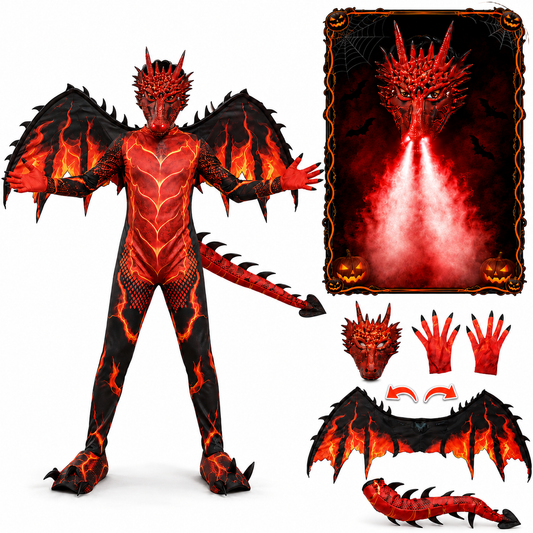 Wonderstone Kids Dragon Costume, Halloween Costume with Sound & Spray, Winged Design, Dragon Mask with LED Light, Dress-Up Costume for Cosplay Party, Suitable for Kids Ages 6–14, Red-M