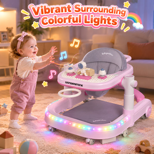WonderStone 7-in-1 Baby Walker, Foldable Baby Activity Center with Mini Basketball Hoop, Music & Lights, Baby Bouncer Jumper Learning Toy for Boys and Girls Ages 6–12 Months (Pink)