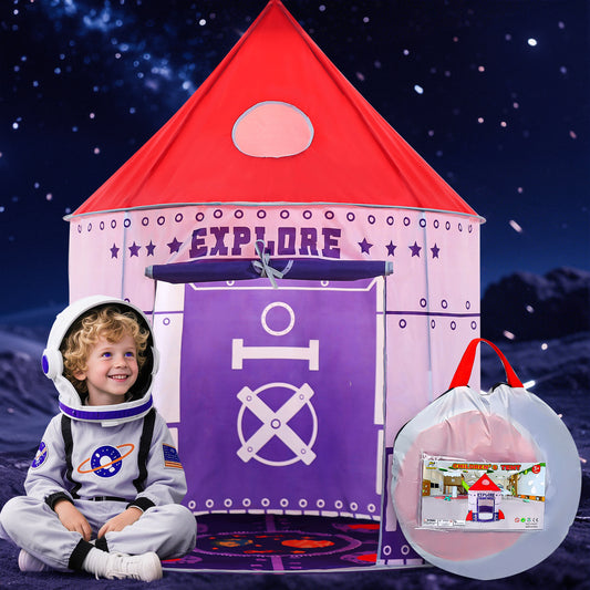 JoyStone Rocket Ship Play Tent for Kids, Astronaut Spaceship Space Themed Pretend Playhouse, Pop Up Tent with Star Lights for Children Indoor and Outdoor Games