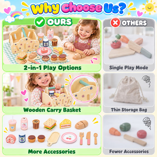 Wonderstone Wooden Picnic Play Food Set for Kids, Pretend Play Kitchen Set, Kids Cutting Pretend Play Fake Food Toys for 3 4 5 6 7 Years Girls Boys Toddlers Toys