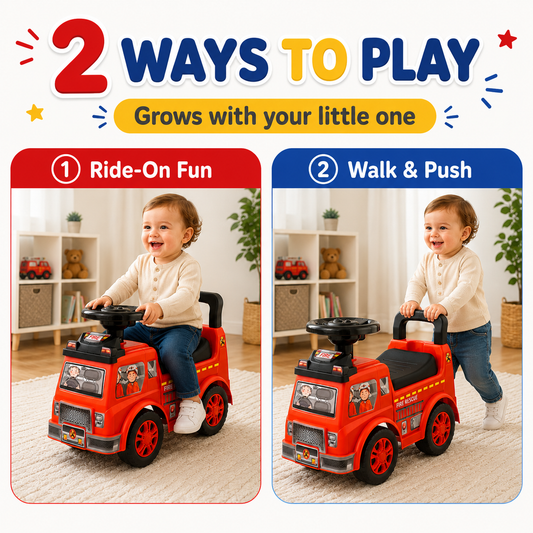 JoyStone Toddler Fire Truck Ride-On Car, Foot-to-Floor Push Car with Music & Sound Effects, Under Seat Storage, Indoor Outdoor Riding Toy for Kids, Red