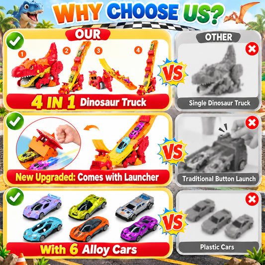 Wonderstone Dinosaur Transport Truck Car Toy with 6 Alloy Race Cars, Carrier Vehicles Toys Set for Kids for Boys Aged 3-10 Years (Red)