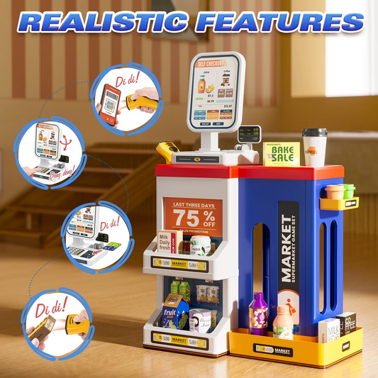 JoyStone 47PCS Pretend Play Cash Register Toy with Light and Sound, Pretend Calculator, Scanners, Preschool Gifts for Toddlers for Boys and Girls, Blue