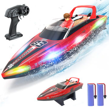 JoyStone 10 Inch RC Boat with LED Lights for Adults and Kids - 2.4Ghz Remote Control Boat for Pool and Lakes, Dual Motor & Low Battery Alarm, Gifts for 8-12 Boys Girls(Red)