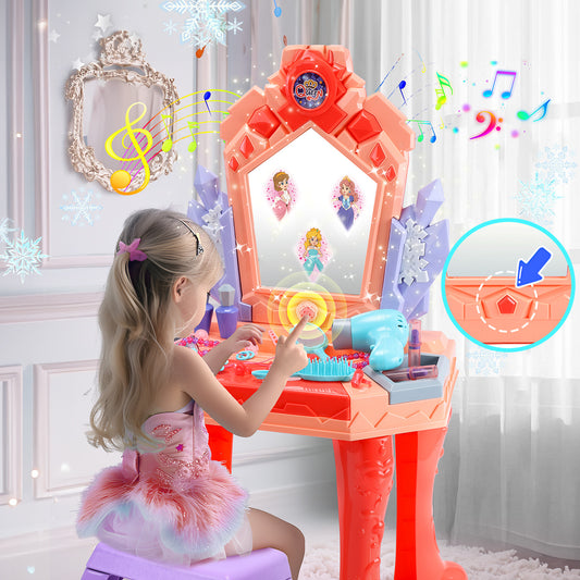 JoyStone Toddler Makeup Table with Mirror and Chair, Kids Makeup Vanity Set with Accessories and Lights and Music Sounds, Makeup Accessories & Blowdryer for Toddlers 3+ Years Old
