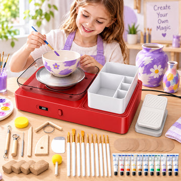 WonderStone Pottery Wheel with Foot Pedal Device, Electric Pottery Machine with 6.7'' Turntable Two-Way Rotation/2 Batteries, Complete Pottery Tools Set for kids and Adult (Red)