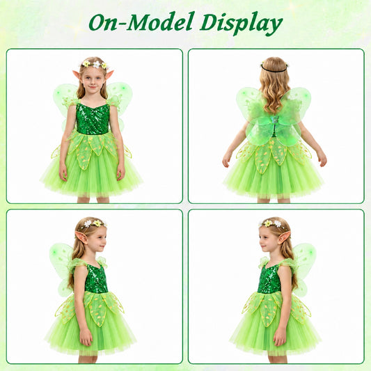 WonderStone Fairy Costume for Girls, Green Princess Dress-Up Set with Deluxe Accessories, Fancy Outfit for Birthday Parties, Kids & Toddlers Ages 4-5