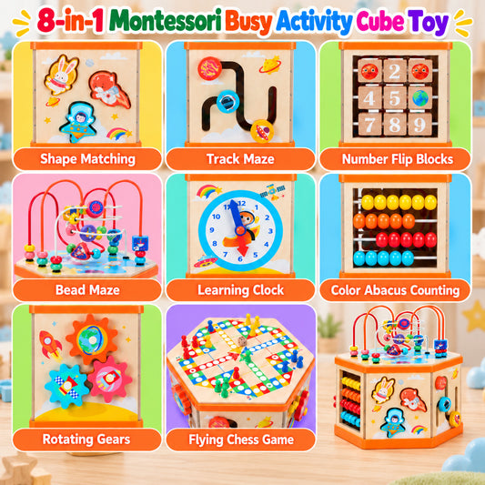 WonderStone 10 in 1 Wooden Activity Cube Toy for Toddlers, 8-Sided Montessori Baby Play Cube with Bead Maze, Multi-Sided Educational Learning Activity Cube, Ideal Gift for Boys Girls