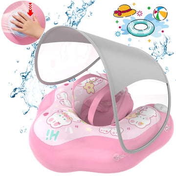 WonderStone Kid Pool Float with Canopy, Inflatable Swimming Float with Safety Seat, Water Toy for Kids Ages 1-5, Pool & Beach Toy for Boys and Girls, Pink