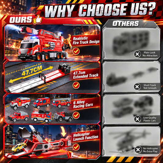 WonderStone Large Fire Truck Toy with Helicopter, Shooting Water, 3-Speed Adjustable Telescopic Arm, with Lights & Sound, 6 Fire Cars & Plane, Birthday Gift for Kids.