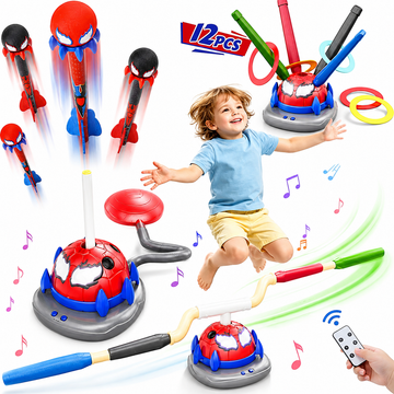 WonderStone 3-in-1 Spider-Themed Rocket Launcher Toy with 4 Foam Rockets, Musical Jump Toy with Remote Control & Ring Toss Game, Indoor Outdoor Sports Toy for Boys and Girls Ages 3-10