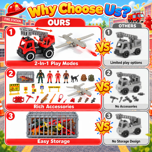 WonderStone Fire Truck Toy Set, Transport Vehicle with Mini Rescue Emergency Toys, Push-and-Go Toy Car, Gift for Boys and Toddlers Ages 3-8