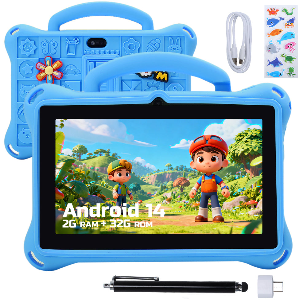 JoyStone Kids Tablet 7 inch Android 14, 2GB RAM+32GB ROM, Fun Cartoon Case, Parental Control, Dual Camera, WiFi Bluetooth, Educational Tablet for Toddlers, Blue