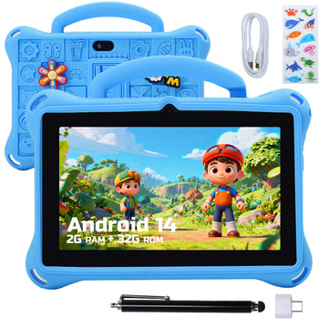 JoyStone Kids Tablet 7 inch Android 14, 2GB RAM+32GB ROM, Fun Cartoon Case, Parental Control, Dual Camera, WiFi Bluetooth, Educational Tablet for Toddlers, Blue