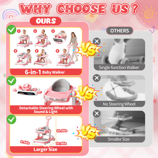 6 in 1 Baby Walker, Height-Adjustable Push Walker with Music & Light Toys, Baby Bouncer, Baby Activity Center for Boy Girl 6-18 Months (Pink)