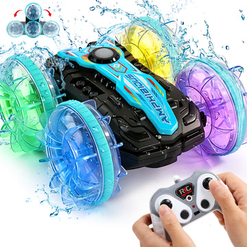 JoyStone Amphibious Remote Control Car Boat with LED Lights, 4WD RC Stunt Car Toy for Boys Girls, Water Beach Pool Toys for Kids Ages 8-12, Blue