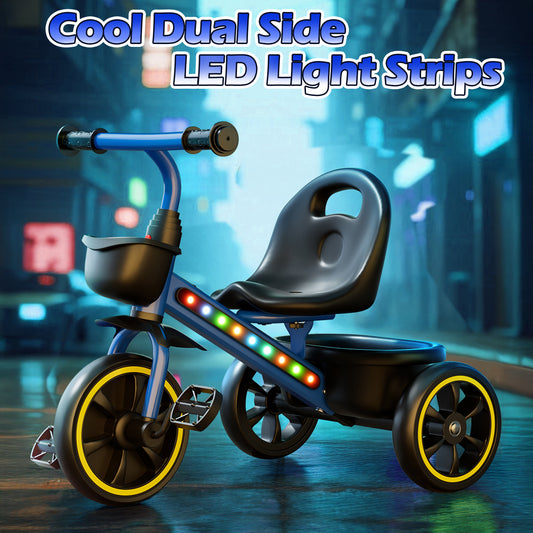 JoyStone Toddler Tricycle for Ages 1-4 Years, Kids Trike Toddler Bike with Cool Lights, Adjustable Seat & Basket, Blue