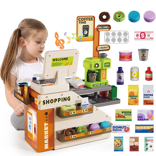 JoyStone Pretend Play Store with Scanner and Calculator, Coffee Machine, Credit Card, Paly Money, Play Food for Toddlers, Gifts for Boys and Girls Age 3+