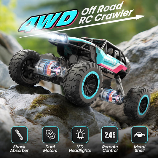 1:12 RC Cars 4WD off Road 2.4Ghz RC Monster Truck with Metal Shell and Light, Remote Control Car Crawler for Adult and Kid, 2 Batteries, Blue