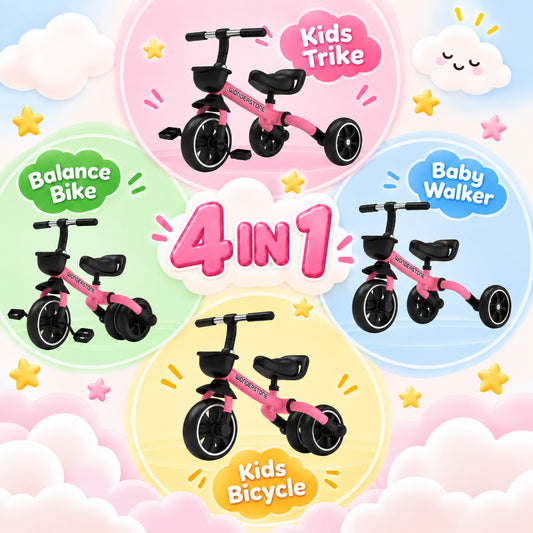 WonderStone 4-in-1 Toddler Balance Bike, Foldable Tricycle with Removable Pedals & Front Basket, Indoor & Outdoor Training Bike, Perfect Gift for 1–3 Year Old Boys & Girls, Pink
