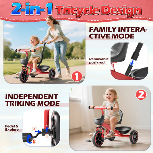 JoyStone 2-in-1 Toddler Tricycle for Ages 1-4 Years, Kids Trike Toddler Bike with Removable Push Handle, Adjustable Seat & Basket, Red