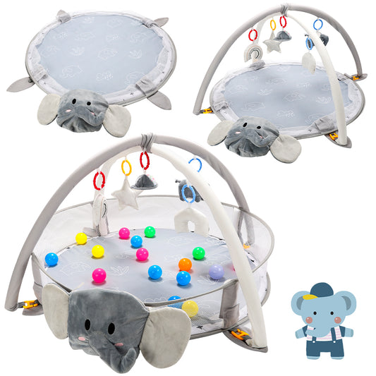 JoyStone 5 IN 1 Elephant Large Baby Gym Play Mat with 30 Balls, 5 Detachable Sound Toys, Baby Sensory Mat for for Toddler Infant 0-12 Months, Newborn Gift for Boys and Girls, Gray
