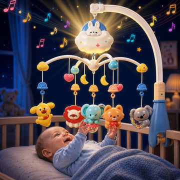 WonderStone Baby Musical Crib Mobile, Rotating Mobile with Timer, Lights & Music, Remote Control & Teether Rattles for Newborns, Blue