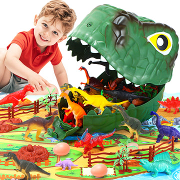JoyStone Dinosaur Toys for Kids, 67PCS Dinosaur Carrier Track Toys, Realistic Dino Figures Set with Eggs&Trees&Fence Playset, Great Gift for Toddler Boys & Girls, Dark green