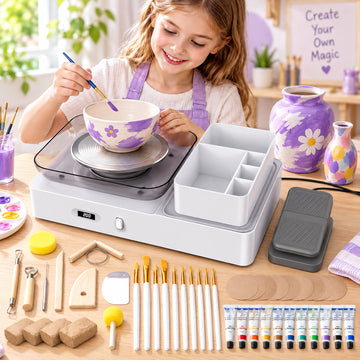 WonderStone Pottery Wheel with Foot Pedal Device, Electric Pottery Machine with 6.7'' Turntable Two-Way Rotation/2 Batteries, Complete Pottery Tools Set for kids and Adult (White)