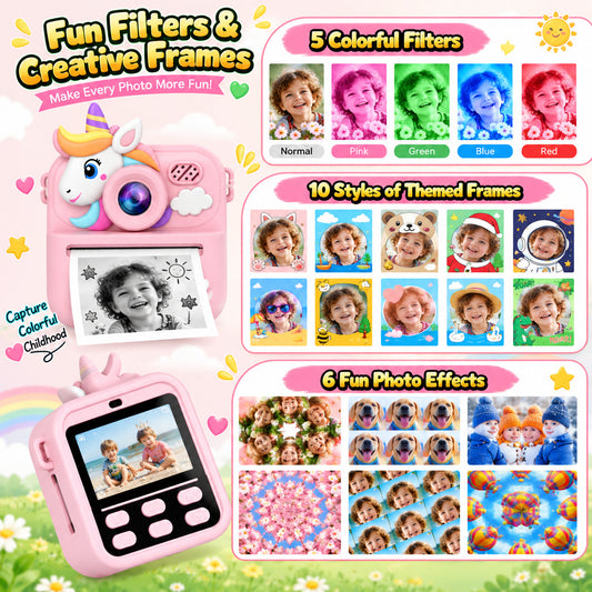 WonderStone Kids Digital Camera, Selfie Instant Print Camera with 32GB Card & 1080P Video, Camera Toy for Toddler Kids, 2 Rolls Paper & Color Pens, Gift for Boys & Girls 3–12, Pink
