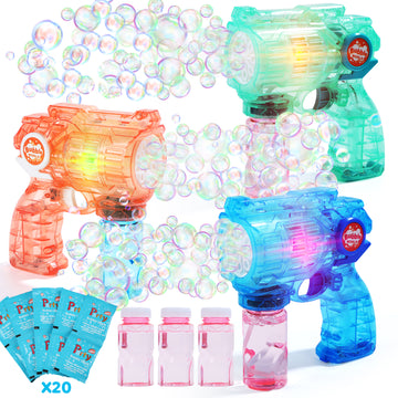 JoyStone 3 Pack Bubble Gun Machine for Kids, Automatic Light Up Bubble Blower with 3 Bottles 20 Bags Refill Solution, Bubble Blaster Gun Bubble Toys for Boys & Girls