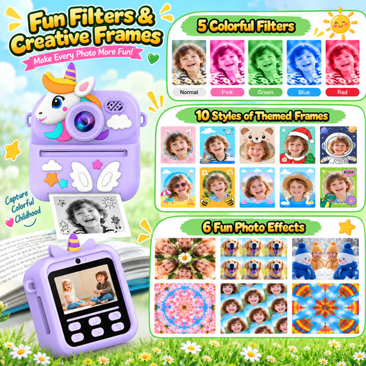 WonderStone Kids Digital Camera, Selfie Instant Print Camera with 32GB Card & 1080P Video, Camera Toy for Toddler Kids, 2 Rolls Paper & Color Pens, Gift for Boys & Girls 3–12, Purple