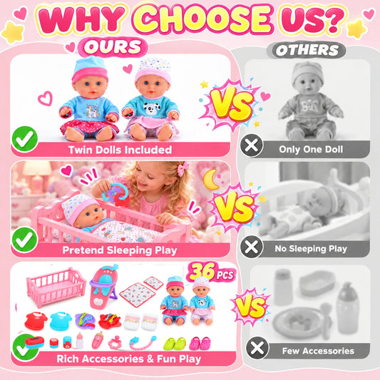 WonderStone 2 Baby Doll Set , 12.5 Inch Baby Doll with & Bath Tub & Full Care Accessories，Pretend Play Toy for Toddlers