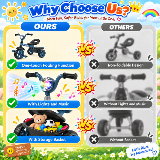 WonderStone Folding Toddler Tricycle, Kids Bike with Music & Light, Toddler Trike with Basket, Gifts & Toys for 2-5 Year Old Boys & Girls, Blue