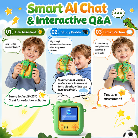 WonderStone Dinosaur Kids Instant Print Camera, 48MP AI Digital Camera for Kids, Selfie Camera Gift for Ages 3-12
