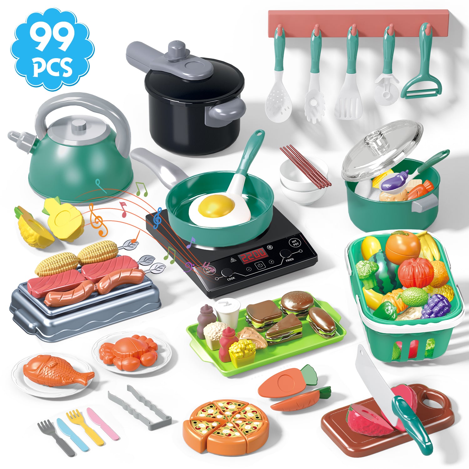 JoyStone 99PCS Kids Kitchen Toy Cookware with BBQ Play Food Toy Set,Kitchen Play Accessories with Pots and Pans,Cutting Food Toy Utensils, Toys Gift for Toddlers, Green