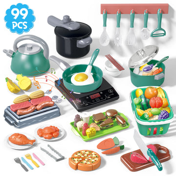 JoyStone 99PCS Kids Kitchen Toy Cookware with BBQ Play Food Toy Set,Kitchen Play Accessories with Pots and Pans,Cutting Food Toy Utensils, Toys Gift for Toddlers, Green