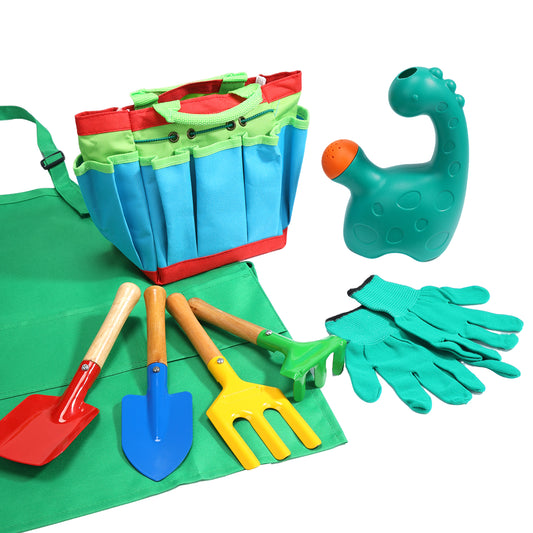 JoyStone Kids Gardening Set with Dinosaur Watering Can, Apron, Gloves & Tote Bag, Outdoor Pretend Play Garden Tools for Toddlers, Boys & Girls Ages 3+