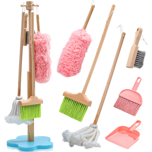 JoyStone 6 Pcs Wooden Toddler Cleaning Set, Pretend Play Household Cleaning Tools Gifts for Kids Age 3-6, Includes Broom, Mop, Duster and Dustpan, Safe & Durable