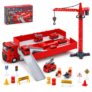 Wefone Alloy Fire Truck Carrier Playset with 6 Emergency Rescue Vehicles, Launch Track, Crane, Lights & Music, Inertia Powered Fire Transport Truck Toy for Kids Ages 3+