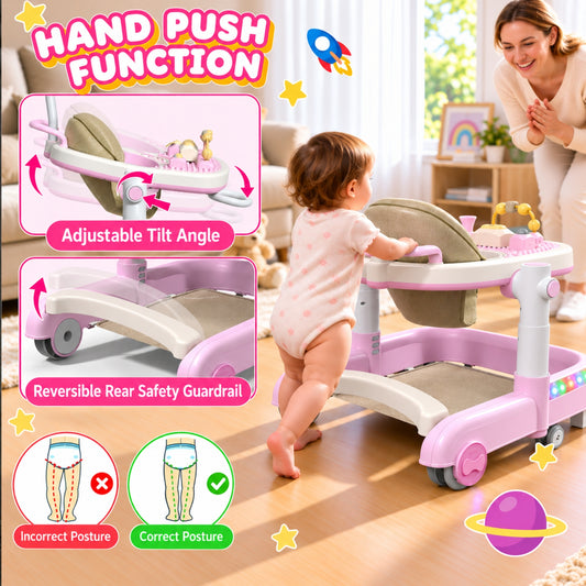 WonderStone 7-in-1 Baby Walker, Foldable Baby Activity Center with Mini Basketball Hoop, Music & Lights, Baby Bouncer Jumper Learning Toy for Boys and Girls Ages 6–12 Months (Pink)