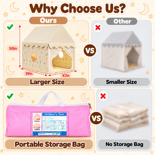 Wonderstone Kids Play Tent for Girls & Boys, Indoor Playhouse with Breathable Mesh Windows, Large Tent Easy Assembly, 47.2 x 39.4 x 49.2 in (Beige）