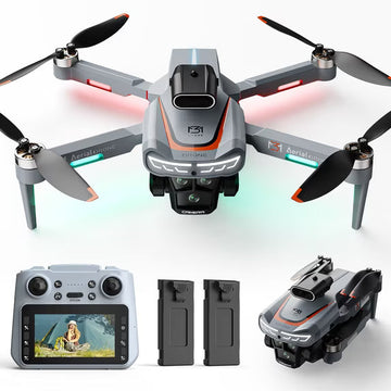 Drone with 4.3" Screen on Remote, Foldable Wefone M3, HD Camera, Obstacle Avoidance, Brushless Motor, Optical Flow, Lightweight, 2 Batteries, Gray