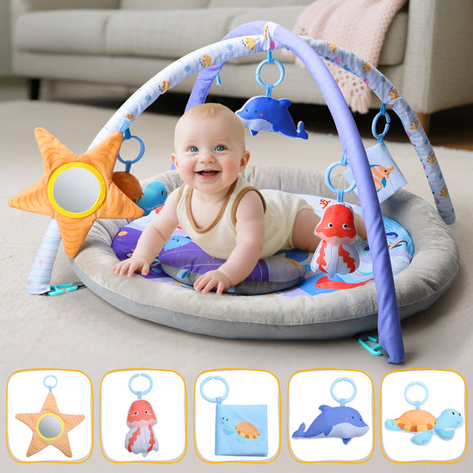 JoyStone 4-in-1 Lion Baby Play Gym with 30 Balls & 4 Sound Toys, Tummy Time Mat & Ball Pit, for Infants & Toddlers Ages 0-12 Months, 27.6" x 37.4"