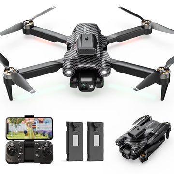 Drone with Camera, Lightweight, Wefone A13 Foldable, Obstacle Avoidance, Optical Flow Positioning, Brushless Motor, 2 Batteries, Black / Carbon Fiber