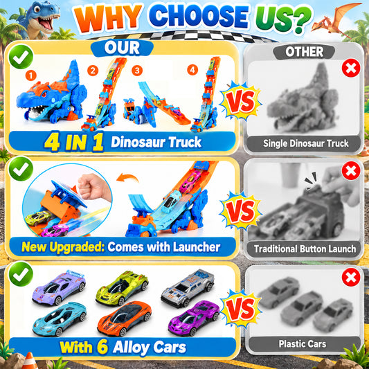 Wonderstone Dinosaur Transport Truck Car Toy with 6 Alloy Race Cars, Carrier Vehicles Toys Set for Kids for Boys Aged 3-10 Years (Blue)