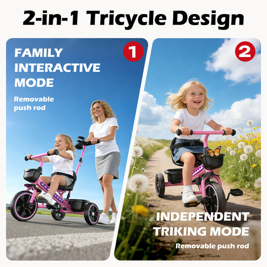 JoyStone 2-in-1 Toddler Tricycle, Kids Trike with Parent Push Handle, LED Lights, Adjustable Seat, Storage Basket, Push Tricycle Bike for 1-4 Year Old Boys and Girls, Pink