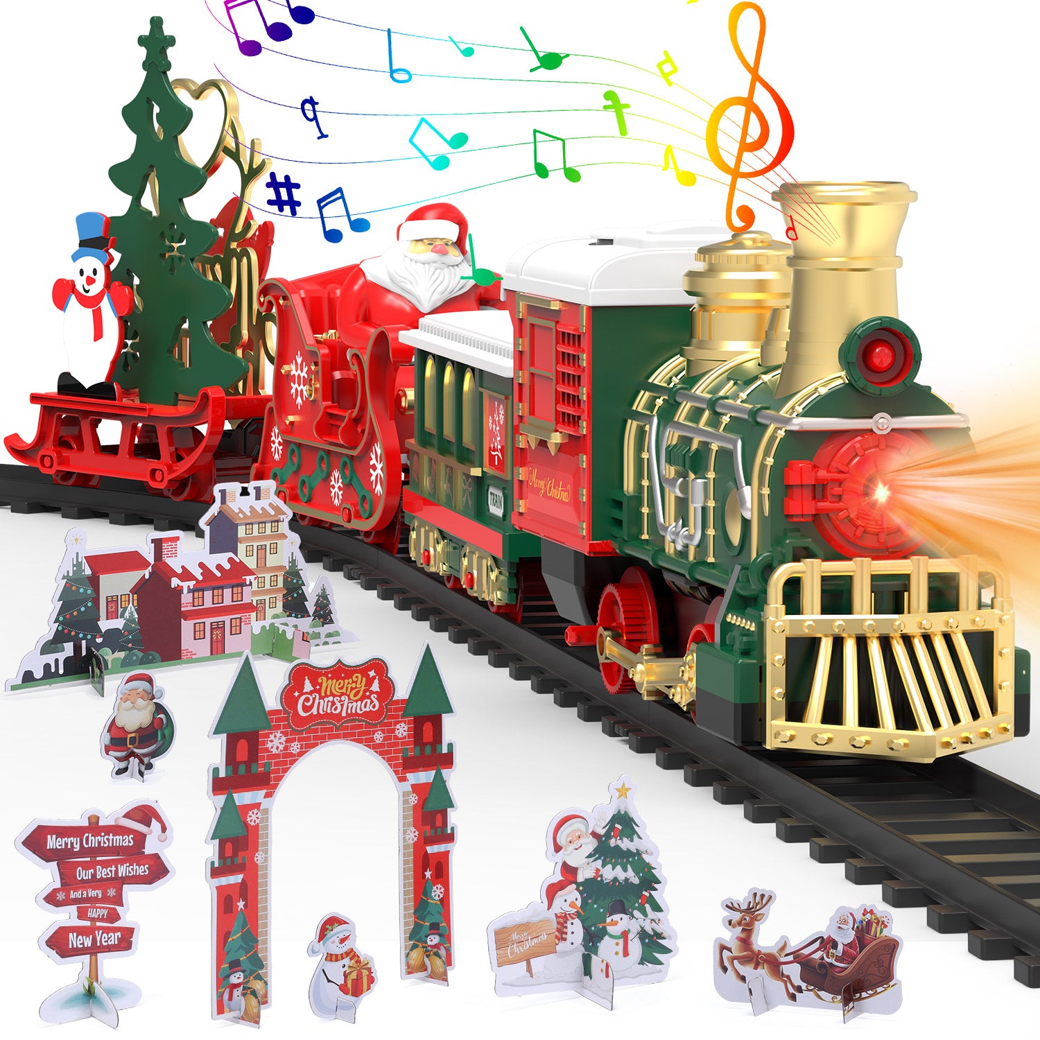 Lights & Music Trains Set Toys for Toddlers 2-4, Model Train w/Santa Claus & DIY Paper Cards, Christmas Gifts for Boys and Girls